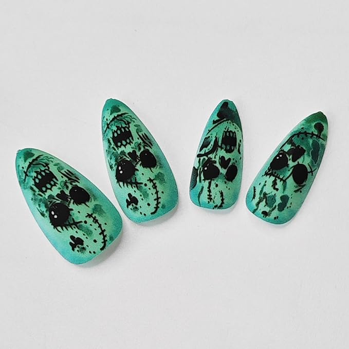 Halloween Fake Nail,Stiletto Press on Nails Long,Dark Green False Nails with Horror Skull & Scar Face Pattern Designs | Full Cover Acrylic Nails Stick on Nails for Women Halloween Manicure 24Pcs