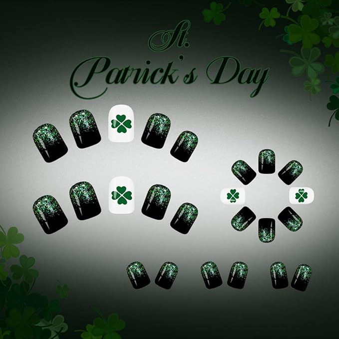 St. Patrick's Day Press on Nails Medium Almond Fake Nail with Winter Green Four-Leaf Clover Designs False Nails Press Ons Stick on Nails Gift for Women 24pcs