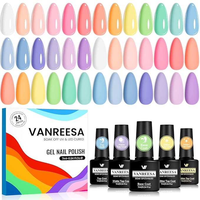 VANREESA 24 Pcs Gel Nail Polish Set -Trendy Colors Gel Polish with Base Coat & 4 Effects of Top Coat Nude Pink Orange Yellow Green Blue Purple Gel Polish Set Nail Kit Gifts for Women Girls DIY at Home