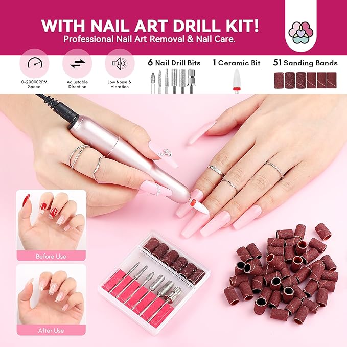 SAVILAND Builder Nail Gel Kit with Nail Drill: 6 PCS Natural Cuticle Oil Pen Castor Oil Vitamin E Builder Nail Gel in a Bottle Hard Gel for Nails Strengthener Extension Mini U V Lamp Nail Glue Gel