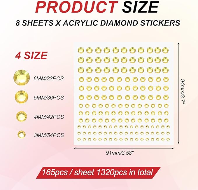 PATIKIL 1320 Pcs Acrylic Gem Sticker, 4 Size 3/4/5/6mm Self Adhesive Rhinestones Face Gem Stones Bling Jewelry for Nail Art Craft Clothes DIY Makeup Decoration Party, Light Gold