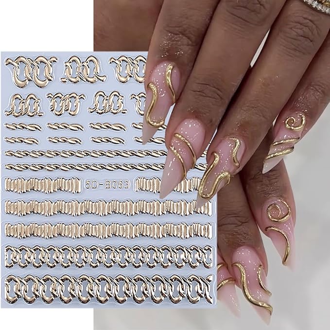 2 Sheets Gold Nail Stickers Embossed French Lines Nail Art Stickers 5D Self-Adhesive Gold Line Nail Decals French Nail Supplies for Women DIY Manicure Decorations