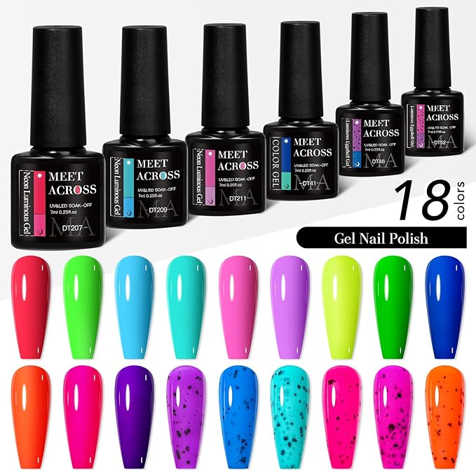 MEET ACROSS 18 Colors Glow in the Dark Gel Nail Polish, Halloween Neon Luminous Gel Polish Set Purple Blue Orange Glow Effect Eggshell Gel for DIY Nail Art Salon