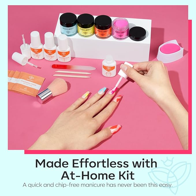 Modelones Dip Powder Nail Kit, 4 Colors Spring Summer Hot Pink Orange Yellow Blue Neon Dipping Starter Set with Liquid and Complete Accessories for French Nails Art Salon DIY at Home