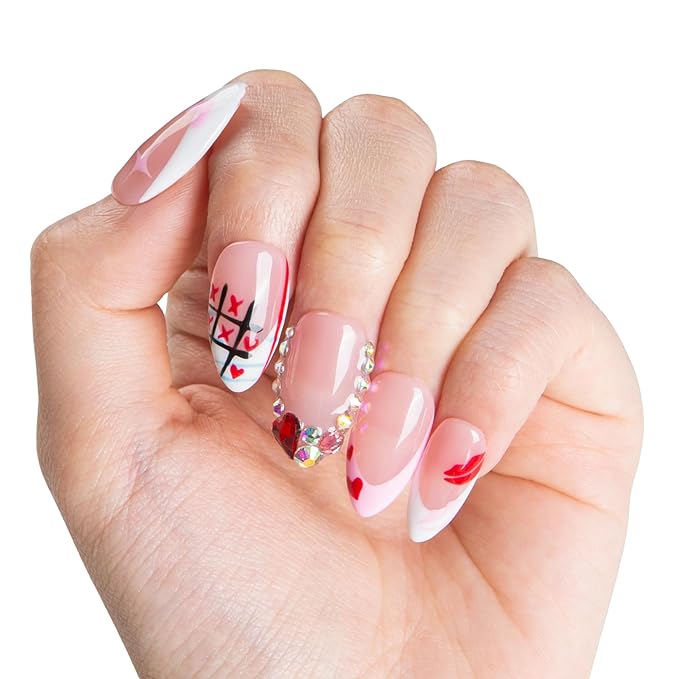 LOVFUL Valentine's Short Press on Nails Heartbeat Diary | Handmade Acrylic Press ons | Reusable Fake Nails | Almond Regular 1.0 in | H729-M
