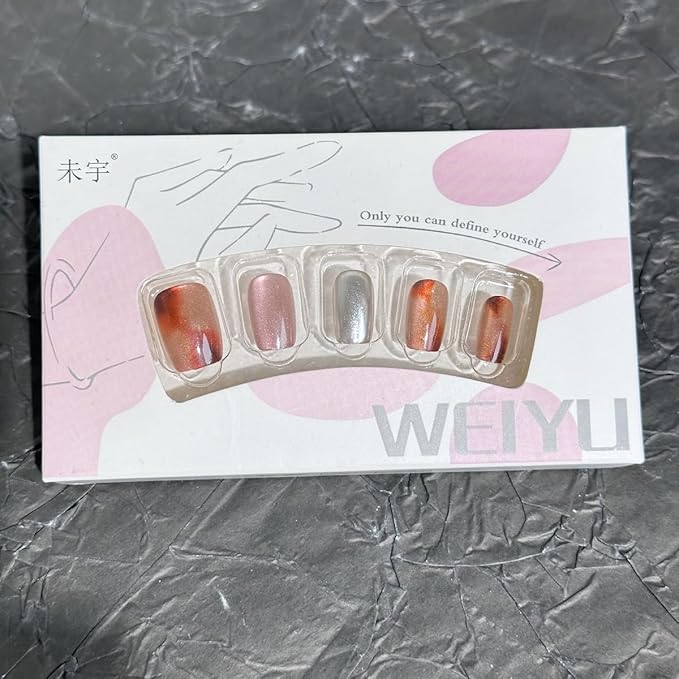 Fall Winter Press on Nails Short Square Fake Nails Cat Eye Nails Press ons with Amber,Silver Design Full Cover Stick on Nails for Small Nail Beds,Reusable | Glue Tabs | Easy Apply | 24Pcs