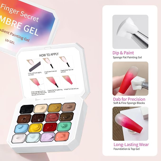 16Colors Ombre Gel Nail Polish Kit,Ombre Paint Nail Color Gel Pat Painting Gradient Blooming Gel Polish with 100Pcs Nail Sponges for Glitter Galaxy Universe Patting Gels Art for Nails