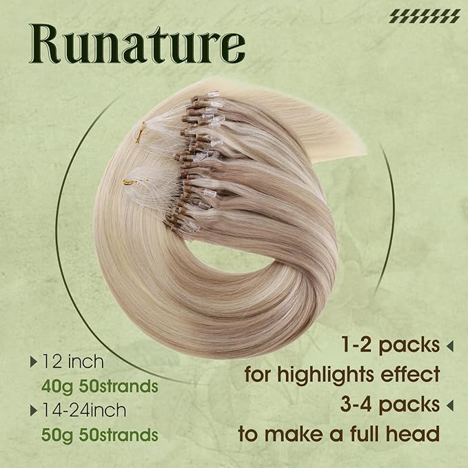 RUNATURE Micro Beads Hair Extensions Human Hair Balayage Ash Blolnde Mix Light Blonde to Platinum Blonde Microlink Hair Extensions Pre Bonded Micro Hair Extensions Real Human Hair 12 Inch 40g 50s