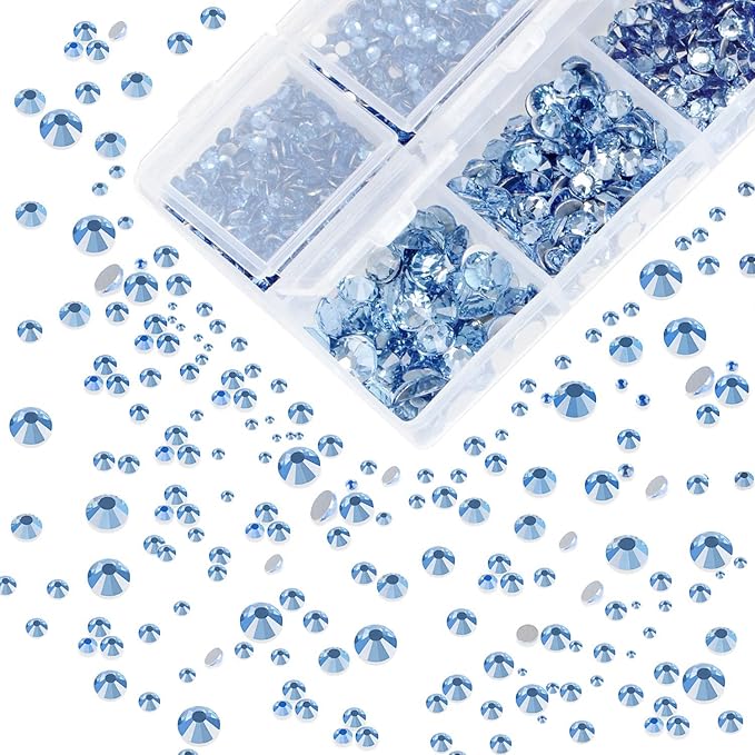 AD Beads 4300 Pieces Flat Back Nail Art Rhinestones Round Beads 6 Sizes (2-6.5mm) with Storage Organizer Box,Rhinestones Picking Pen for Nail Art Phone Decorations Crafts DIY (Light Blue)