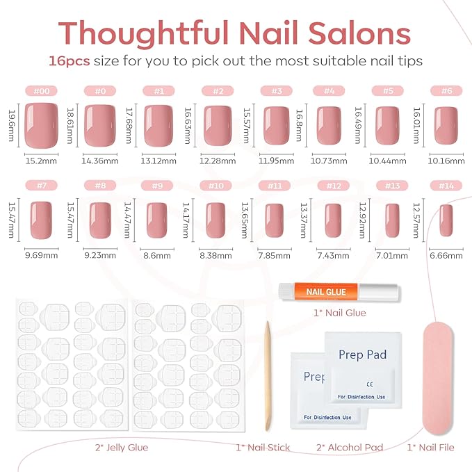 Modelones 32Pcs Peach Pink Press on Nails, Spring Short Square Fake Nails, Reusable Nail Kit with Nail Glue Adhesive Tabs Mini Nail File, Nails Press Ons 16 Sizes, Women Girl Gift