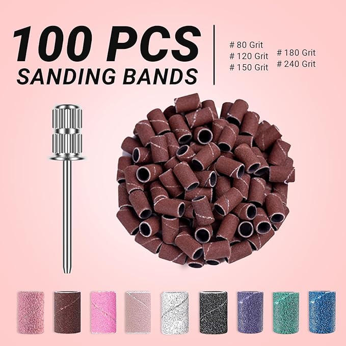 MelodySusie 100 Pcs Professional Sanding Bands Nail Manicure 180 Grit File Sand Piece Set For Nail Drill Bits