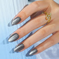 Grey Press on Nails Short Almond, Jofay Fashion Cat Eye Soft Gel Fake Nails, Reusable & Natural Acrylic False Nails, Glue on Nails Kit for Women Girls Gift 32 Pcs