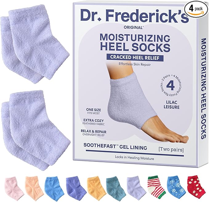 Dr. Frederick's Original Moisturizing Fuzzy Heel Socks for Dry Cracked Heels Treatment - Infused with Olive Oil, Jojoba Oil and Vitamin E - 2 Pairs - Stocking Stuffers for Adults - Lilac Leisure