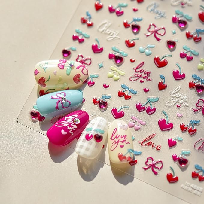 Cherry Nail Art Stickers Heart Nail Decals 5D Embossed with Diamond Design Self Adhesive Bow Nail Stickers Spring Summer Manicure Sticker Supply for Women Girls Kid Nails Decoration Accessories