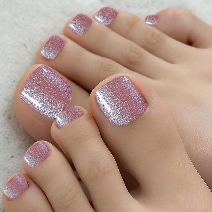 34 Pcs Semi Cured Gel Toe Nail Strips Light Purple Glitter Gel Nail Stickers Full Cover Nails Wraps Self Adhesive Toe Nails Polish Strips Stickers for Women UV/LED Light Required