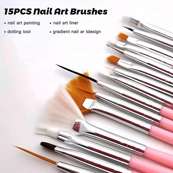 Nail Stand Set for Press Ons, Starter Design Tools Kit Practice Display 15PCS Nail Art Brushes 120PCS Clear Almond Fake Tips Nail Holder for Painting Double-Sided Adhesive Tape Home Manicure