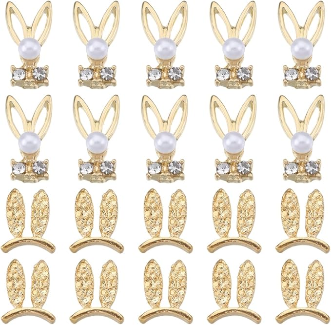SUNNYCLUE 1 Box 60Pcs Bunny Nail Charms Bulk Mini Small Golden Rabbit Flatbacks Easter Nail Charms Pearl Beads Gems Nail Art Rhinestones Animal Nail Charms for Acrylic Nails Finger Nail Decoration