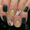 Christmas Press on Nails Short Square Fake Nail with Christmas Tree Designs Green Xmas False Nails Gold Glitter Full Cover Winter Stick on Nail for Women 24 Pcs