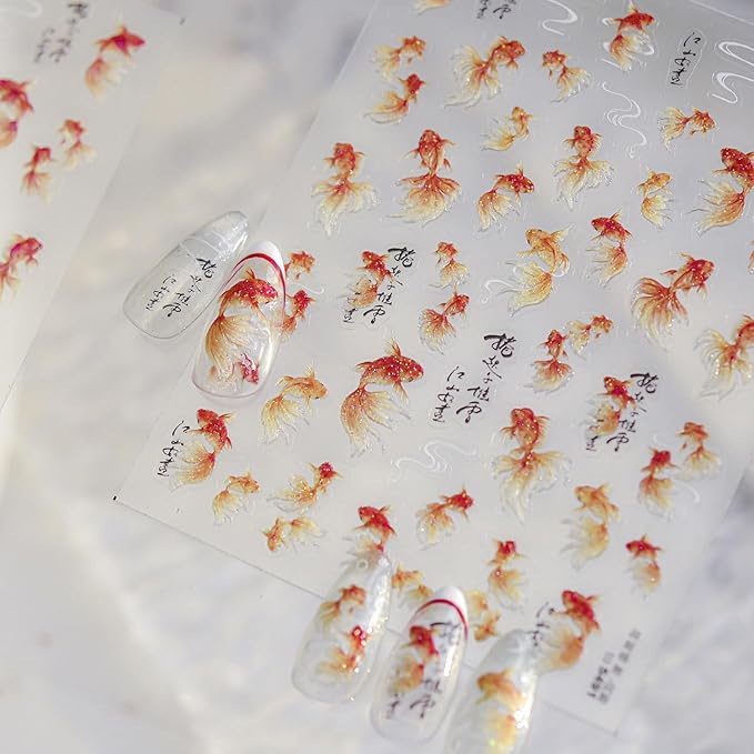 Goldfish Nail Stickers for Nail Art 5D Embossed Koi Fish Nail Art Stickers Koi Nail Decals Chinese Style Summer Nail Supplies Design for Women Girls DIY Nail Art Decorations