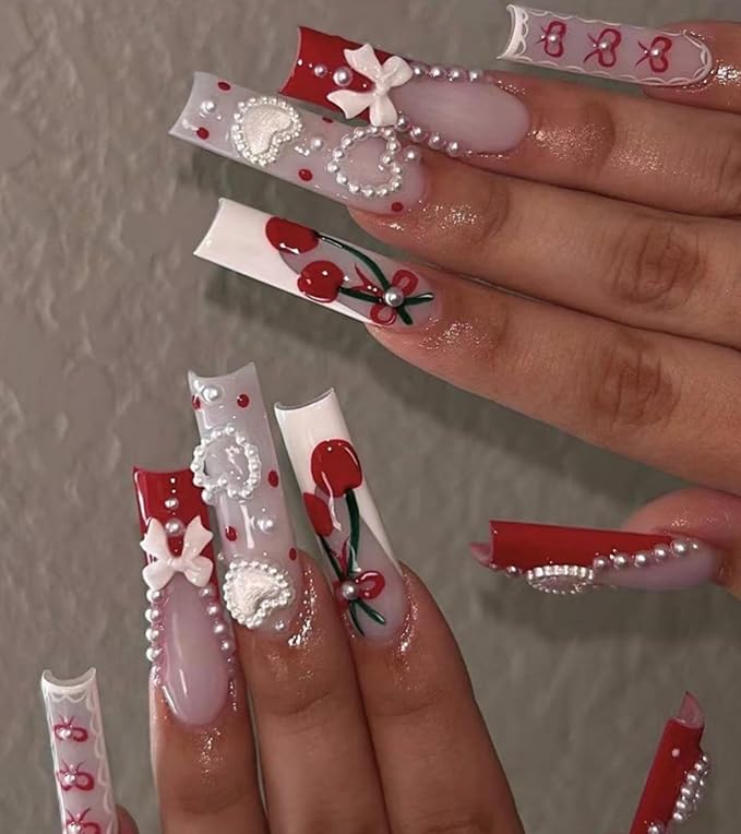 Press on Nails Square - Extra Long Fake Nails with 3D Heart and Bows, Red French Tips White False Nail with Glue Sticker, Stick On Nails for Women, 12 Sizes - 24 Nail Kit, Scarlet Cherry