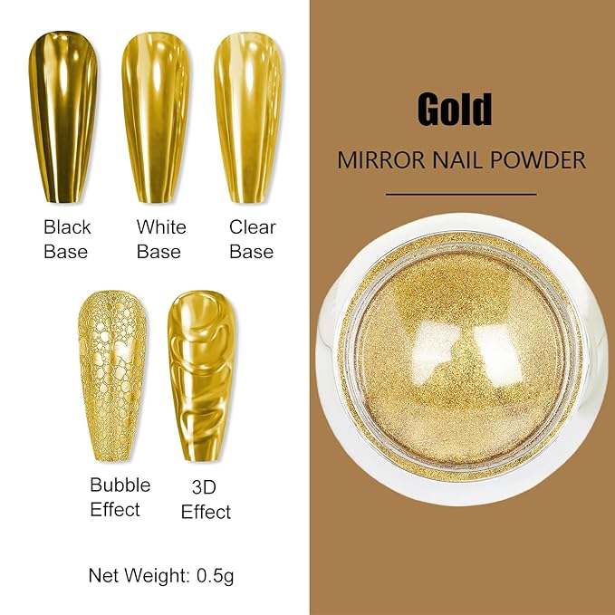 Gold & Silver Chrome Nail Powder - 4 Jar Metallic Mirror Effect Chrome Powder for Gel Nails, Nail Decoration Glitter Dust for Nail Art
