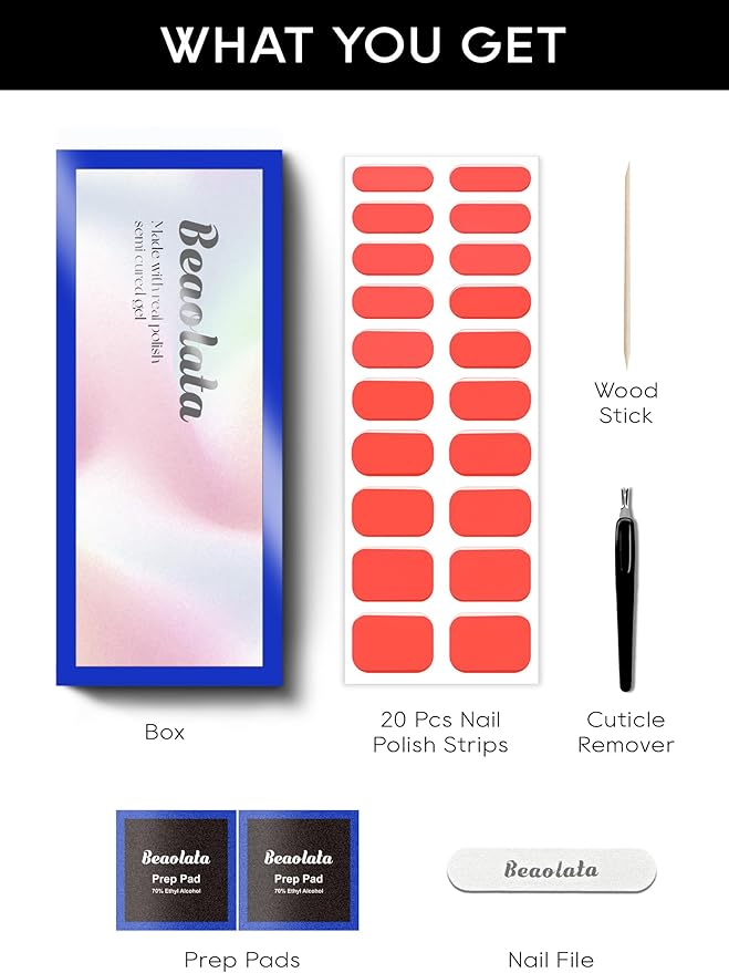 Semi Cured Gel Nail Strips - UV Light Gel Nail Stickers - 20 Long Lasting Salon Quality Wraps (Strawberry Frosting Red)