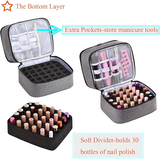 Nail Polish Organizer Holds 30 Bottles (15ml) and 1 Nail Light Nail Polish Carrying Case with Storage Pockets for Manicure Tools Double Layer Nail Polish Storage Travel Bag with Handle (A-Gray)