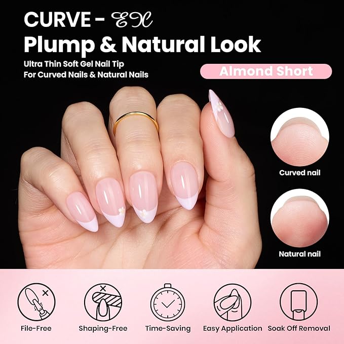 Beetles Gel Nail Kit Curve-EX, Almond Short, 320pcs 16 Sizes Nail tips, with 15g Nail Glue Gel Hands-Free, 7.5ml Base Gel & Top Coat, Mini Lamp, for Acrylic Press On Nail, Extension DIY Set at Home