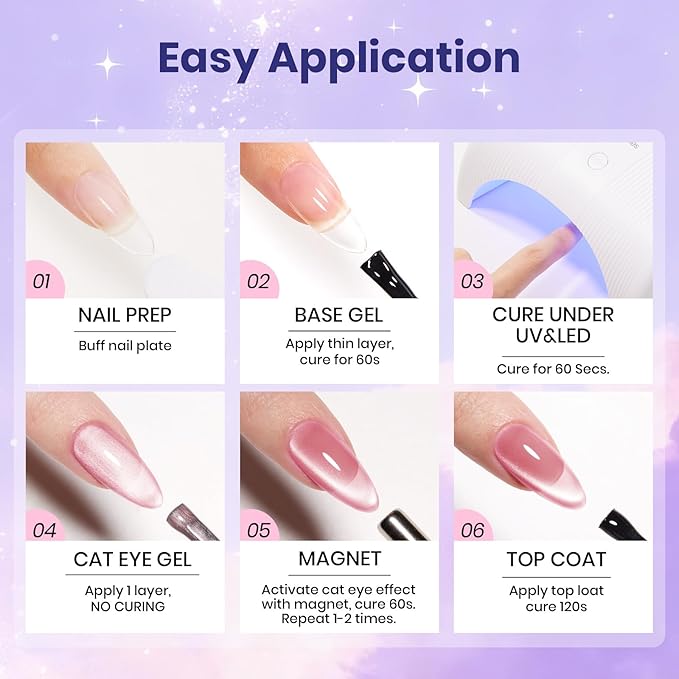 Beetles Romantic Galaxy Cat Eye Gel Nail Polish Set - 6 Colors Glitter Gel Polish Kit Pink Blue Purple Red Green Velvet Gel Magnet Soak Off UV French Nail Art Manicure Spring Summer Gift for Women