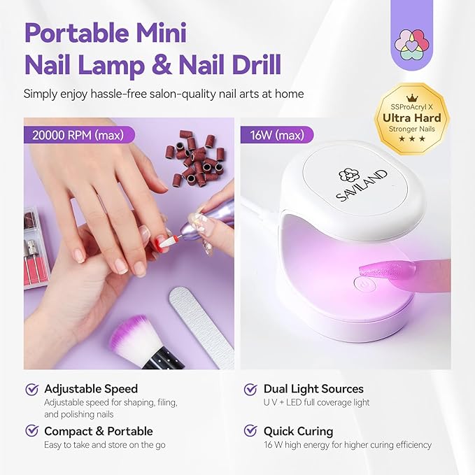SAVILAND Builder Nail Gel Kit with Nail Drill: Clear Pink Nude White Gel Builder for Nails VE Castor Oil Ultra - Hard Gel with U V Lamp Base Top Coat for Nail Apex Extension Strengthener SSProAcryl X
