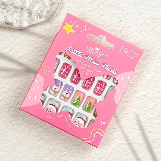 Cute Press on Nails for Kids,Girls Trendy Stuff Fake Nail Kit for Ages 5-12, Pre-glue Glitter Short Christmas Nails Stick on Nails, Great for Girl Birthday Gifts,Party&Makeovers Decoration