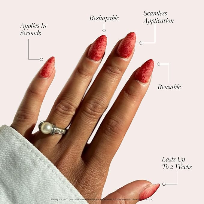 Beetlejuice Beetlejuice™ x Glamnetic Press On Nails - Lydia™ | Short Almond Red Lace 3D Nails in a Matte Finish | 15 Sizes - 30 Nail Kit with Glue