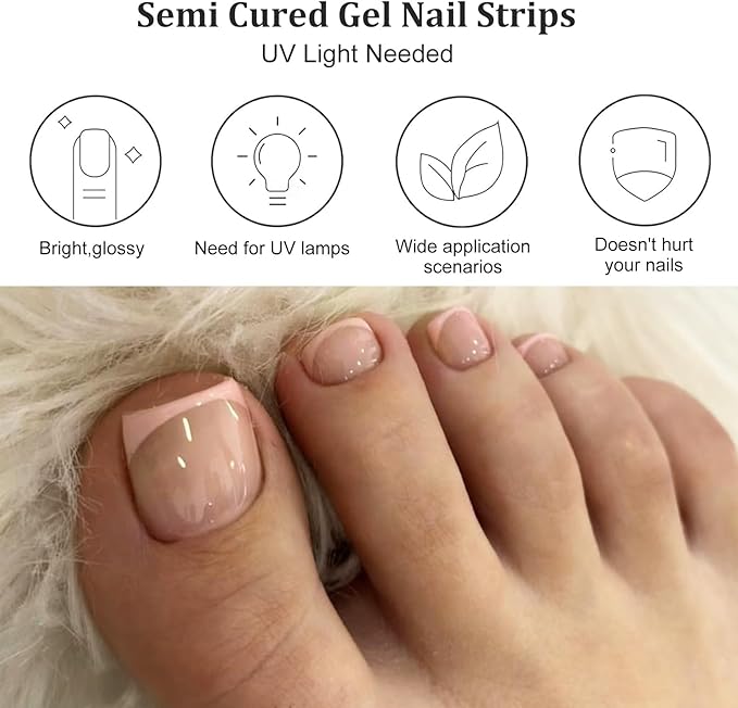 26 Pcs Semi Cured Gel Toe Nail Strips Nude French Tip Gel Nail Stickers Full Cover Nails Wraps Clear French Toe Nails Polish Strips Stickers for Women UV/LED Light Required