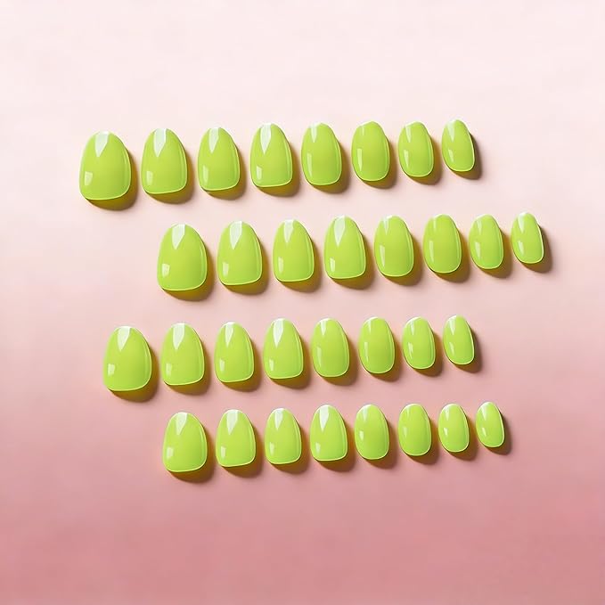 KQueenest Press On Nails Short - Neon Green Press On Nails Oval, 32 Pcs 16 Sizes Natural Short Fake Nails Press ons Almond, Reusable Opaque Glossy Bright Lime Glue on Nail with Glue for Summer Wear