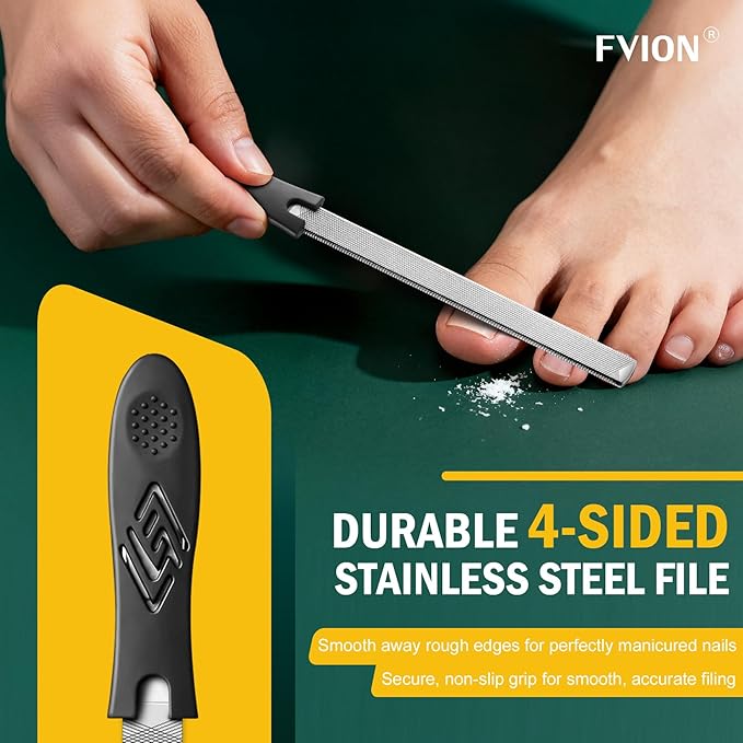 FVION Toenail File for Thick Nails and Toenail Lifter, 2pcs Stainless Steel Nail File and Ingrown Relief Set, Heavy Duty Metal Emery Board for Seniors, Men & Women Pedicure Tool (Black)