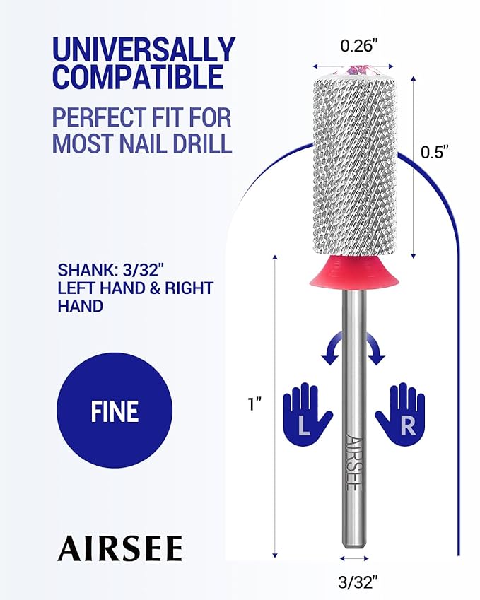 AIRSEE Tungsten Carbide Acrylic Nail Drill Bit Efile Electric File Machine Head Tip for Manicure Polishing Art Remove Gel 3/32" 2 Way Beginner Safety Pink Crystal Top Barrel Fine-F