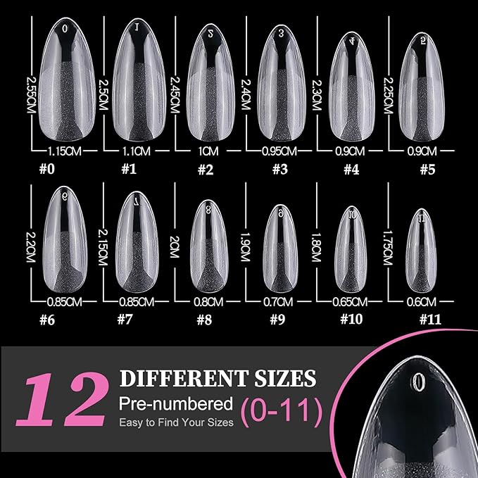 AddFavor 600pcs Almond Nail Tips Medium Fake Nails - Soft Gel Nail Tips Almond Shape Clear Acrylic Nails Tips for Nail Extensions, 12 Sizes Gel Nails Press ons Manicure Salon Home DIY