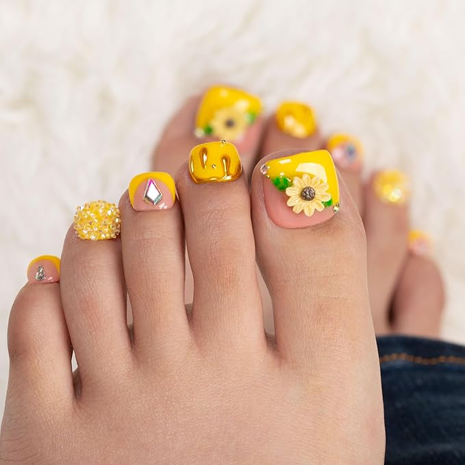 LOVFUL Press on Toenails Honey Bee Yellow | 20 PCS Free Size Toe Nails | Reusable Fake Nails for Toe | T101