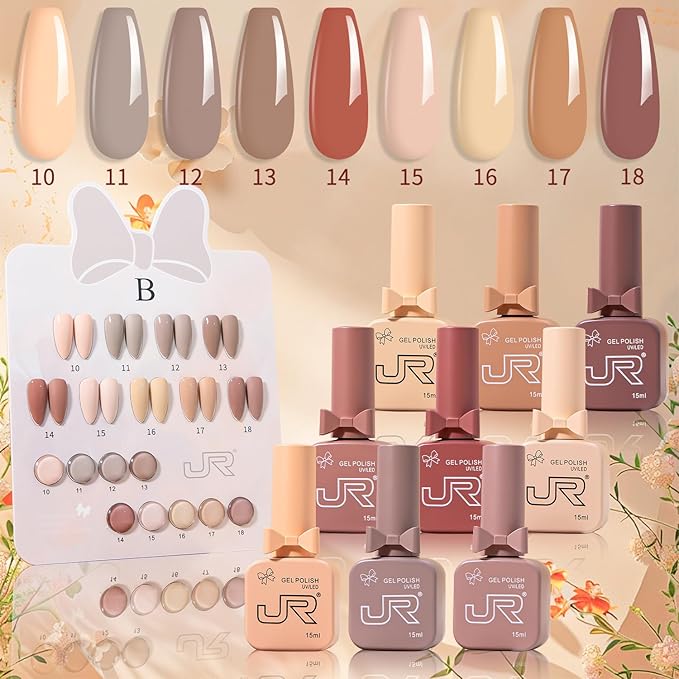 JR 9pcs 15ml Gel Nail Polish Set Light Brown Nude Fall Gel Polish Kit UV LED Soak Off Polish Home DIY Brown Gel Polish Set 15ml