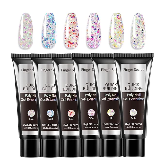 Shiny Flase Nail Extension Gel,Poly Gel 6-Colors Set,New Upgrade Shiny Style Glitter Extension Poly GeL Nail Combinations Shine Your Life
