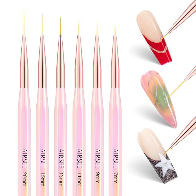 AIRSEE 6Pcs Nail Art Liner Brushes Set, Liner Brush For Nails Gel, Thin Line, Detail Painting, Art Design Pen For Long Lines, Fine Drawing Sizes 7/9/11/13/15/20mm, Pink