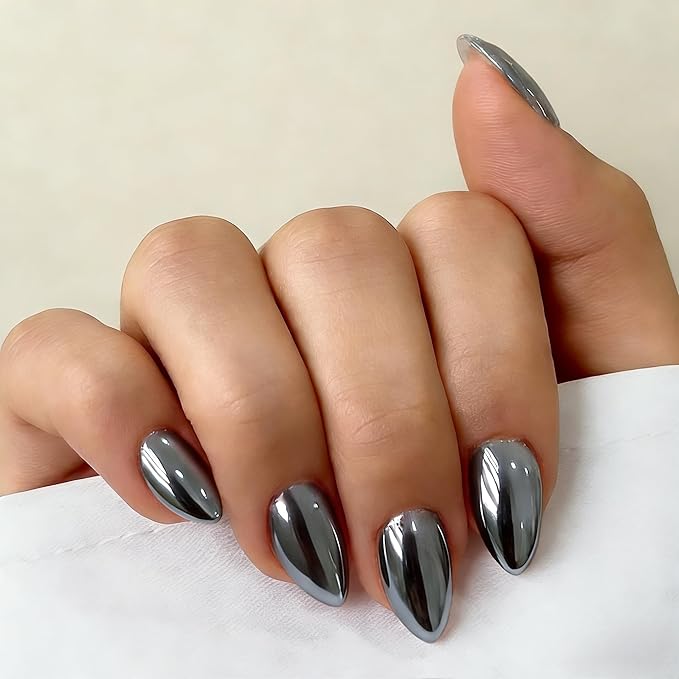 Chrome Dark Black Press on Nails Short Almond, Glazed Cute Fake Nails with Sparkle Mirror Design, Shiny Glitter Glue on Nails Stiletto, Gel Nail Press ons with Glue for Fingernail 30 Pcs