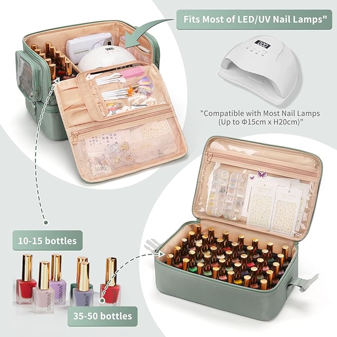 OCHEAL Nail Polish Organizer, Holds Nail Lamp and 45+ Bottles 2-in-1 Nail Polish Storage Case,Detachable Nail Techs Gel Kit Supplies Carring Bag for Manicurist Tools 45-Slot Nail Holder-Green
