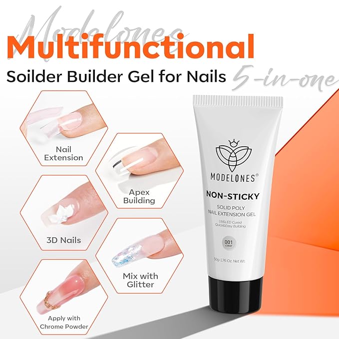 modelones Solid Builder Gel for Nails, Clear Poly Hard Gel Extension for Non-Sticky Apply Upgraded 3D Art Sculpting Molding Starter-friendly 50g