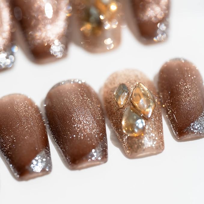 Sun&Beam Nails Handmade Short Medium Coffin Ballerina Brown False Nail Tips with Cute 3D Diamond Popular Charm Design Press On Nails 10 Pcs (#73 M)