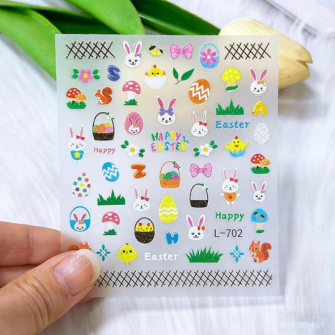 Easter Glitter Nail Art Stickers Decals 3D Self-Adhesive Nail Art Accessories Cartoons Bunny Chick Egg Designs Sticker Lovely Easter Manicure DIY Nail Decorations 6 Sheets