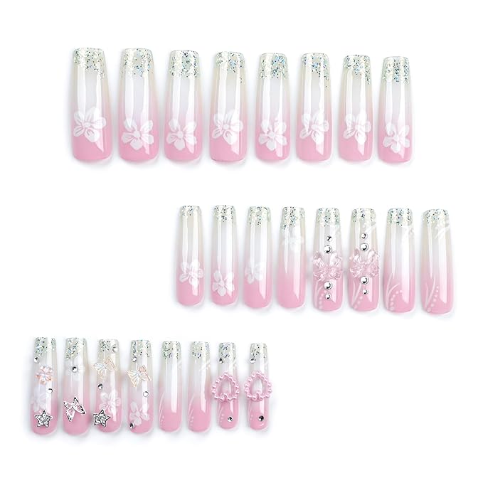 RTKHFZE Nails Press Ons French Press on Nails Long Square Fake Nails with Charms 3D Butterfly and Rhinestones Designs Acrylic Nail French Pink White Gradient Full Cover False Nails for Women 24Pcs