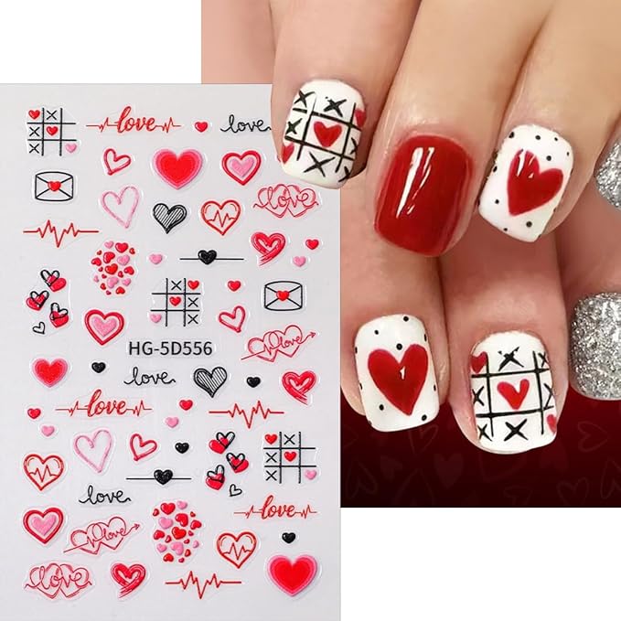 4 Sheets Valentines Day Nail Stickers 5D Embossed Heart Nail Art Stickers Self-Adhesive Rose Flower Cupid Angel Lips Love Letter Designs Holiday Nails Cute Nail Decals for Women Manicure Decor DIY