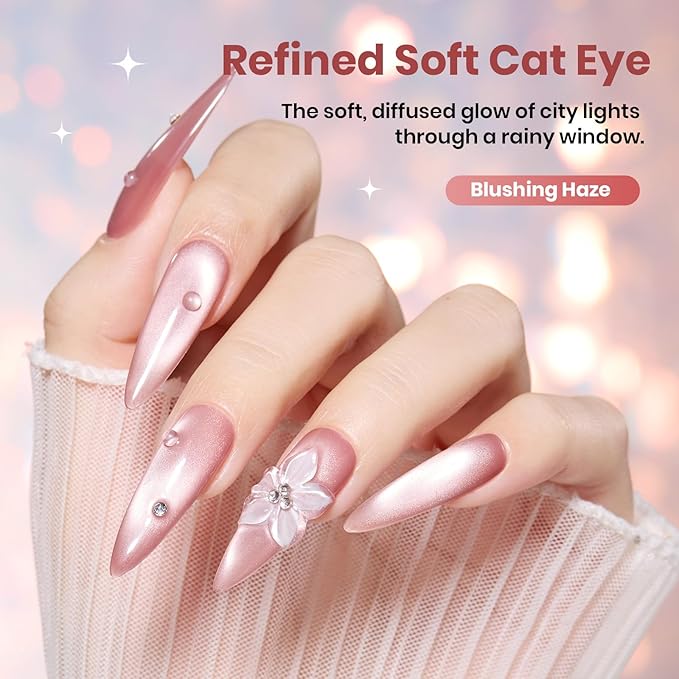 Beetles Blushing Haze Pink Cat Eye Gel Nail Polish - 15ML Valentines Gel Polish Glitter Pink Cat Eye Magnetic Translucent Glassy Effect Soak Off UV French Nail Art Manicure Gift for Wome