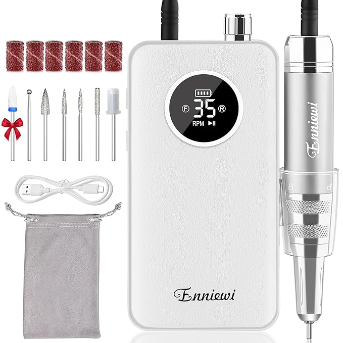 Nail Drill Professional 35000RPM, Cordless Electric Nail File Drills para Uñas, Portable Rechargeable E File 7 Bits Manicure Pedicure Kit for Acrylic Nails Gel Remover Salon Home Tools, White
